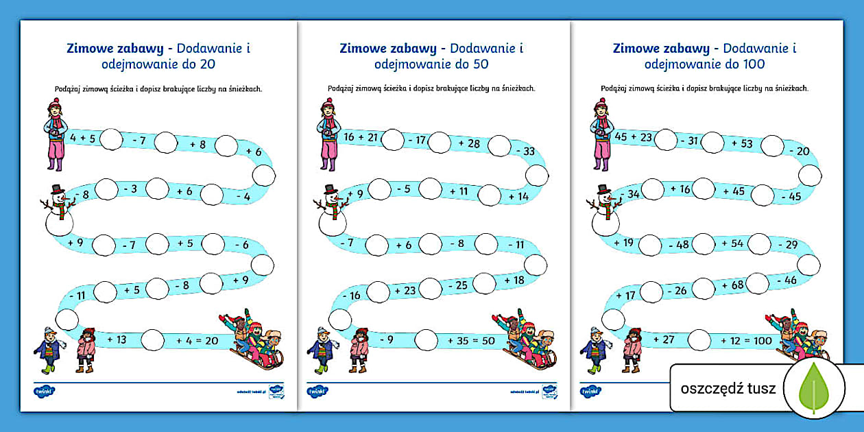 Dodawanie I Odejmowanie Do 100 Karty Pracy - Zimowe zabawy | Dodawanie o odejmowanie do 20, 50 i 100 | Karta pracy