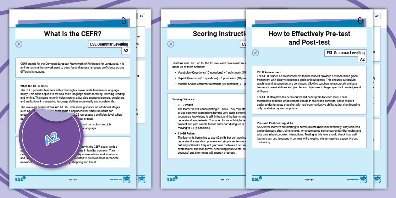 ESL Grammar Levelling Tests Guidance A2 (teacher made)