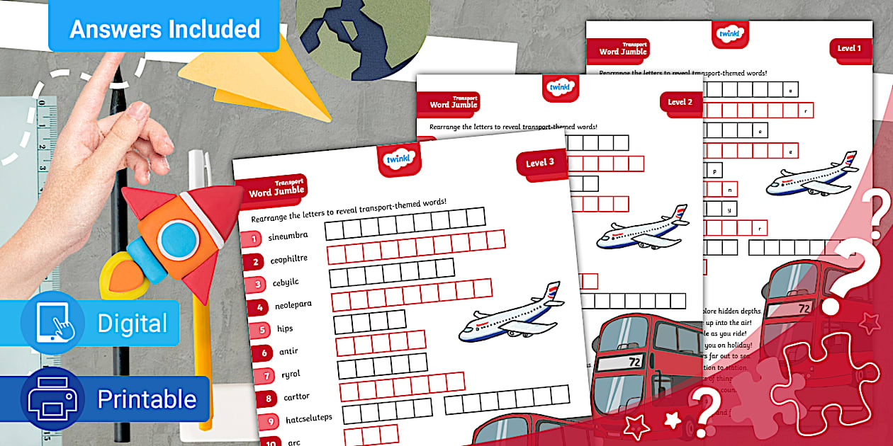 Transport Themed Fun Word Jumble Puzzle - AL - Kids