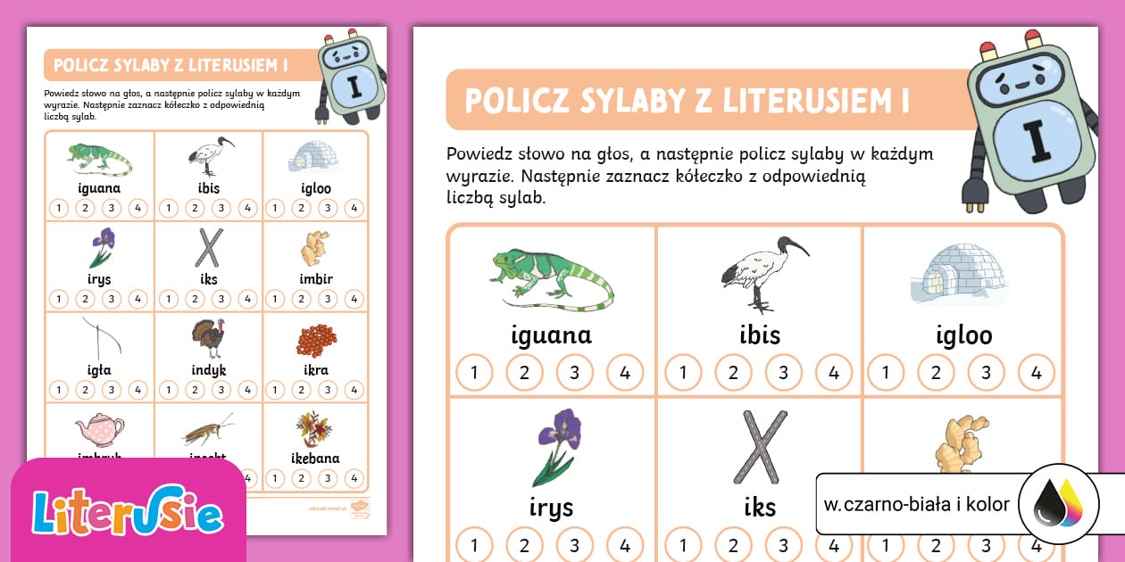 Literuś P | Policz sylaby w wyrazach na P | Karta pracy
