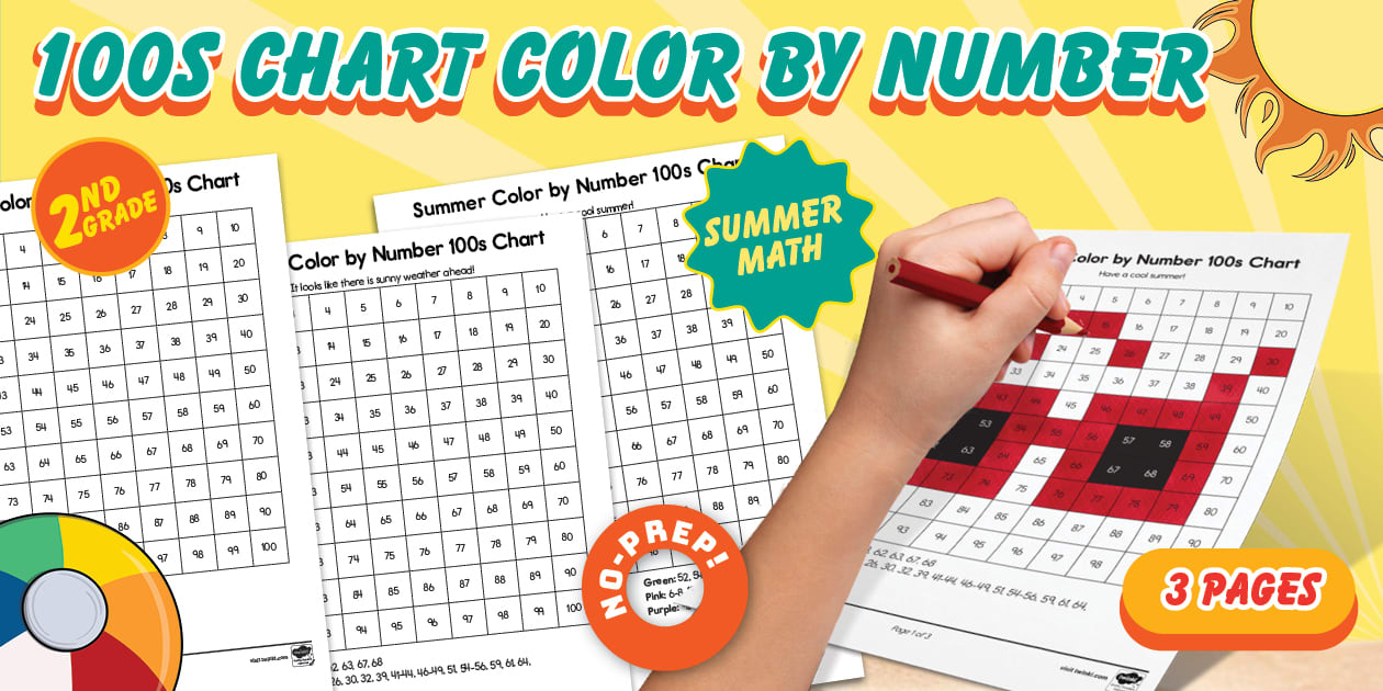 Second Grade Summer Color by Number 100s Chart Worksheet