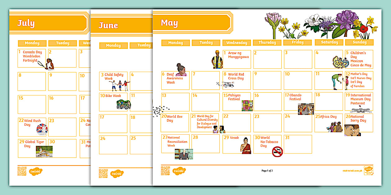 Interactive Calendar May to July 2024 Wall Calendar Grade 2 6