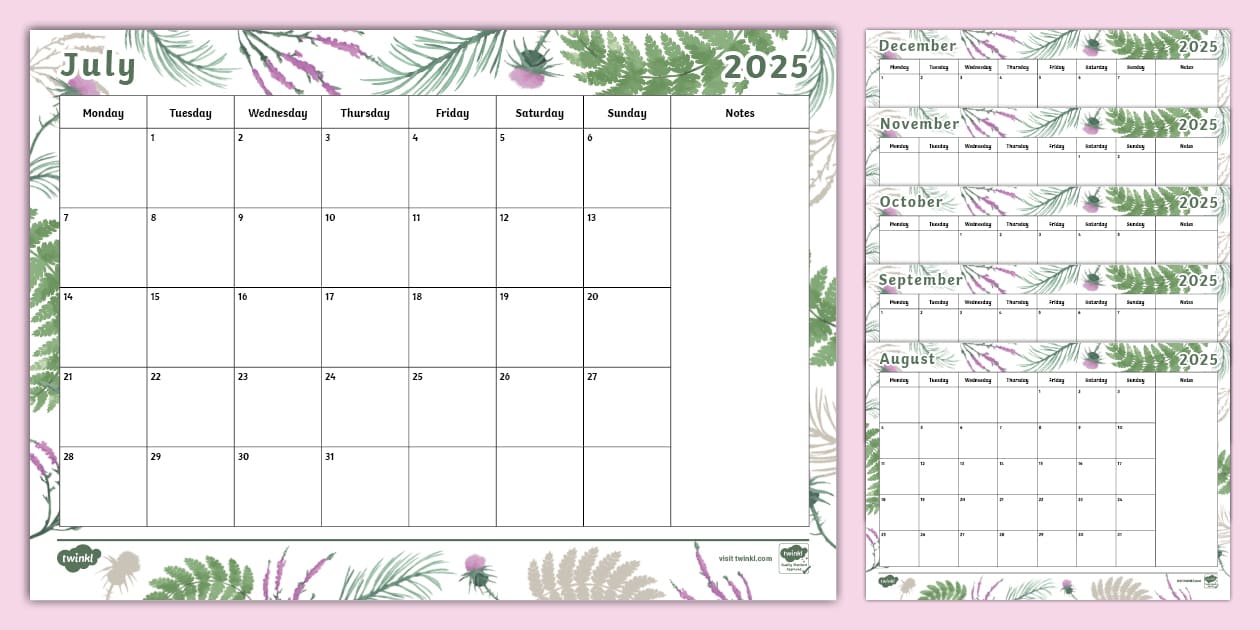 Scottish Botanical Themed Monthly Calendar 2025 2026