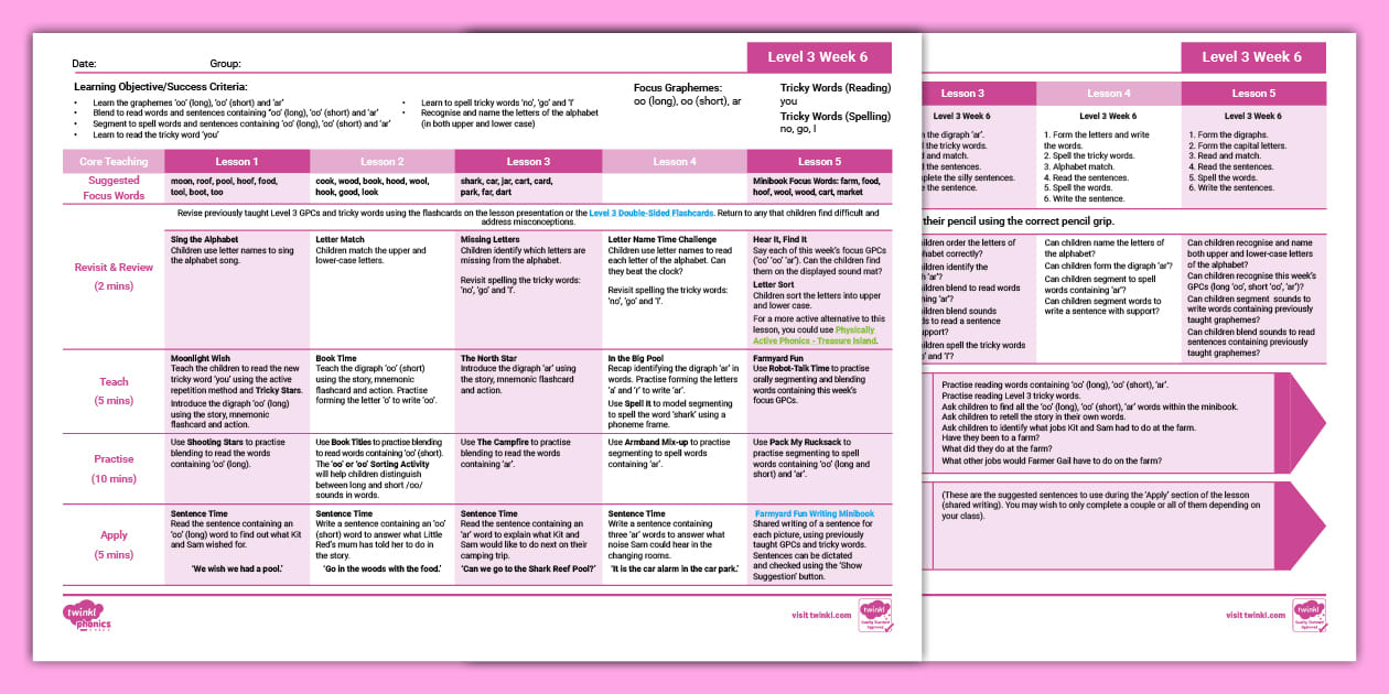 'oo, oo, ar' Weekly Plan - Level 3 Week 6 Twinkl Phonics
