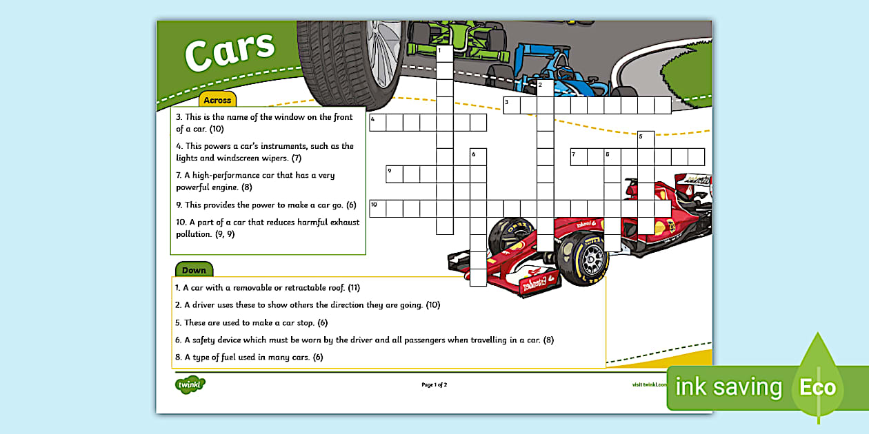 Cars Crossword (teacher made) Twinkl