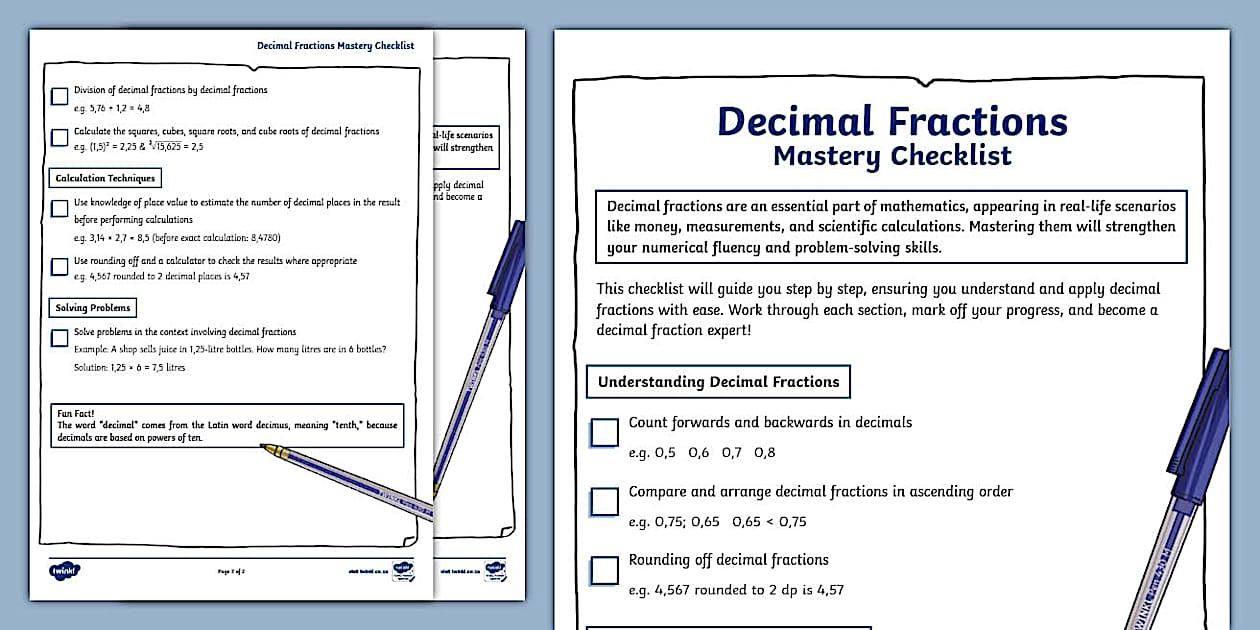 Decimal Fractions Mastery Checklist: Grade 8