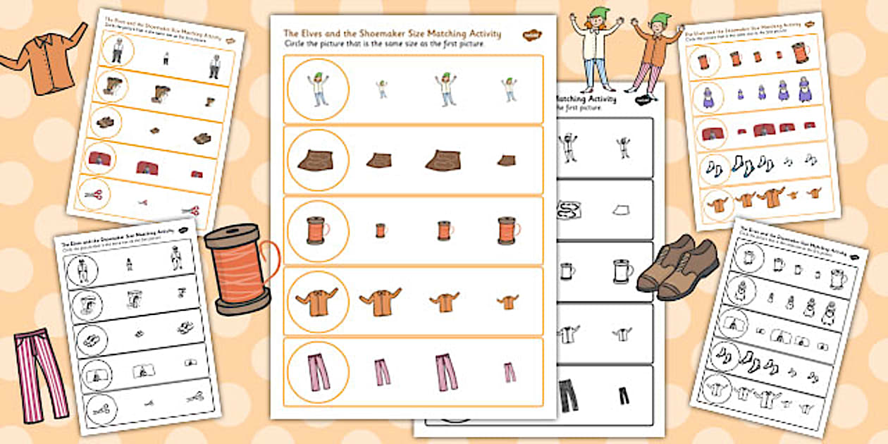 Black and White The Elves and the Shoemaker Size Matching Worksheets