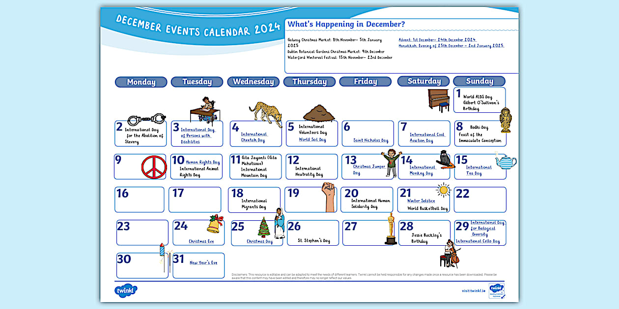 December Events Calendar 2024 (Teacher Made) Twinkl