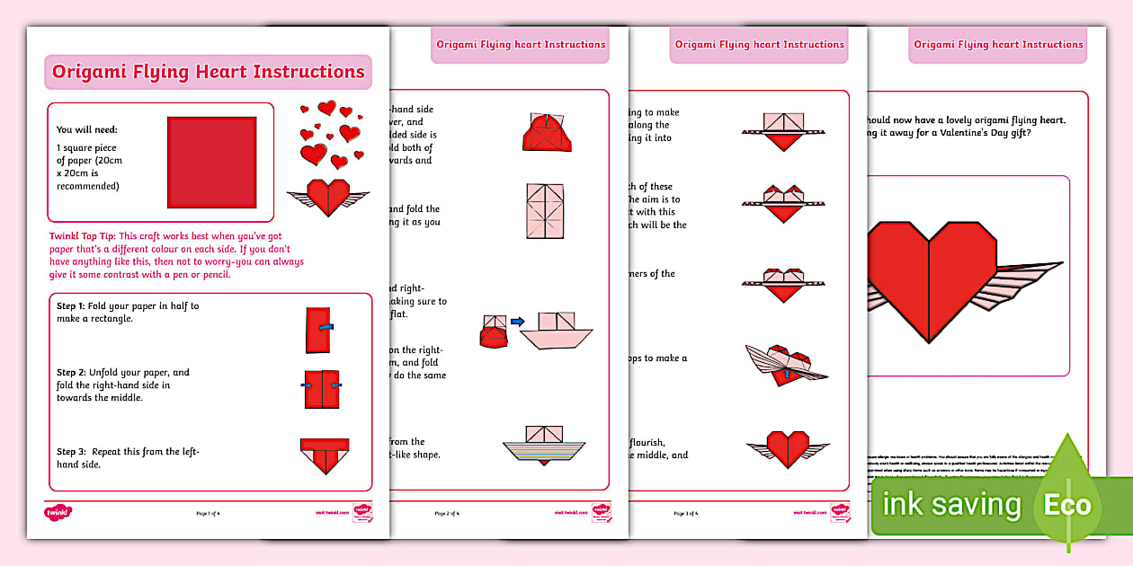 Origami Flying Heart Craft with Instructions (teacher made)