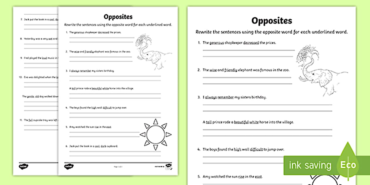 3rd and 4th Class Choosing Opposites Worksheet