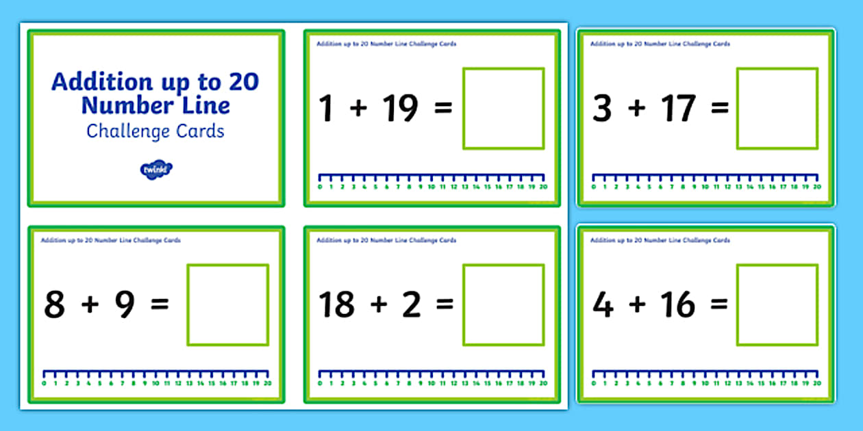 Black and White Addition up to 20 with a Number Line Challenge Cards