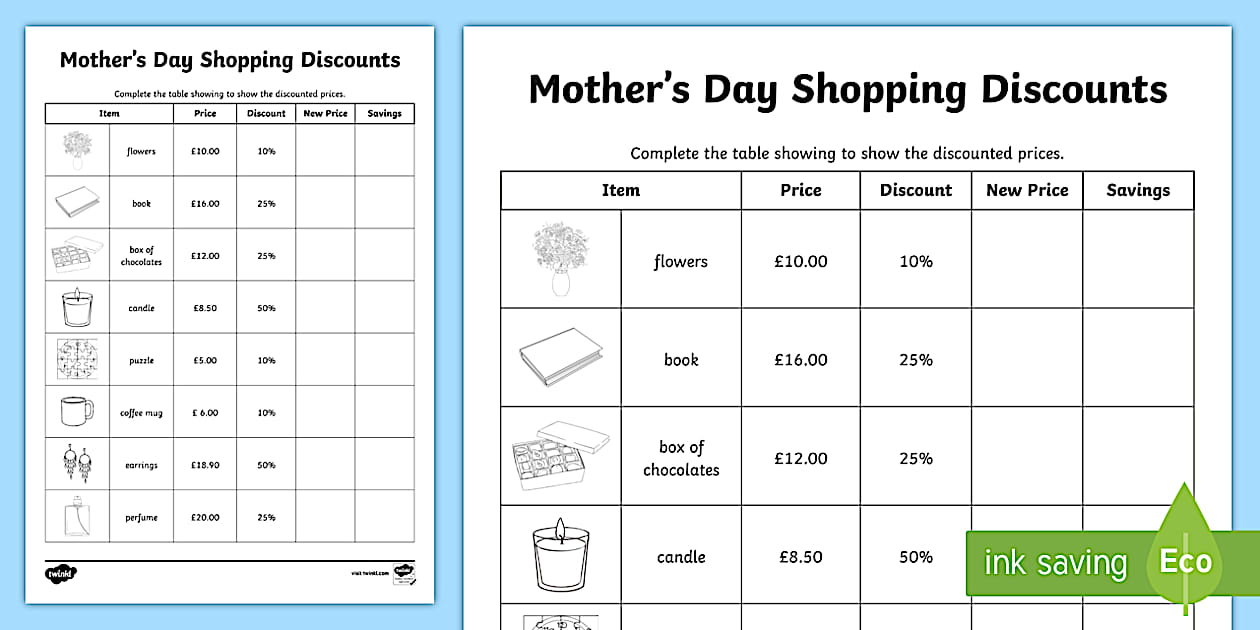 Mother #39 s Day Shopping Discounts Worksheet Twinkl