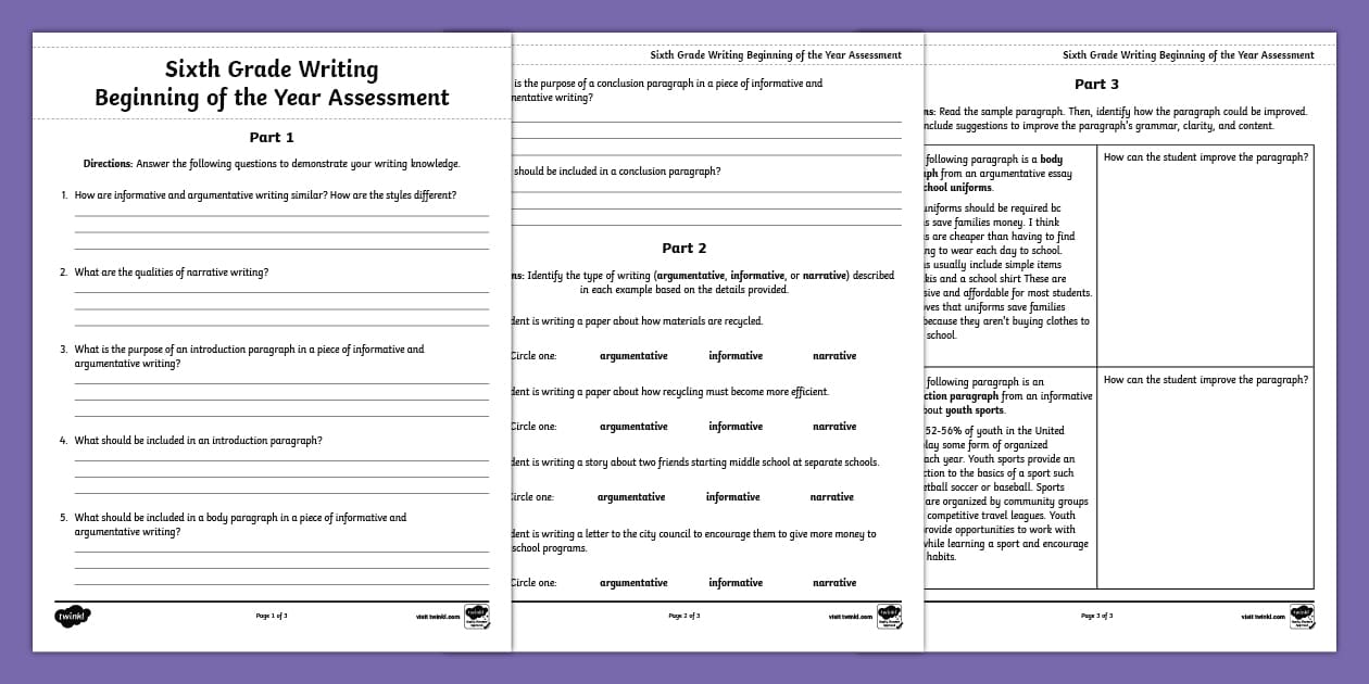 Sixth Grade Beginning of the Year ELA Writing Assessment