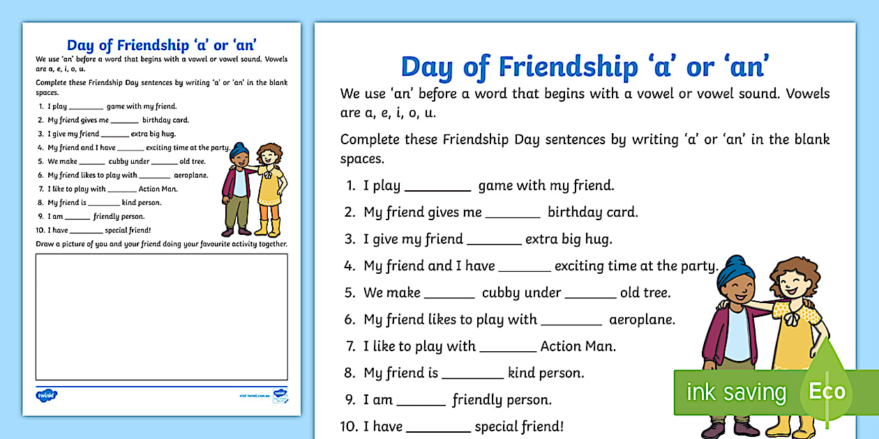 International Day of Friendship 'a' or 'an' Worksheet