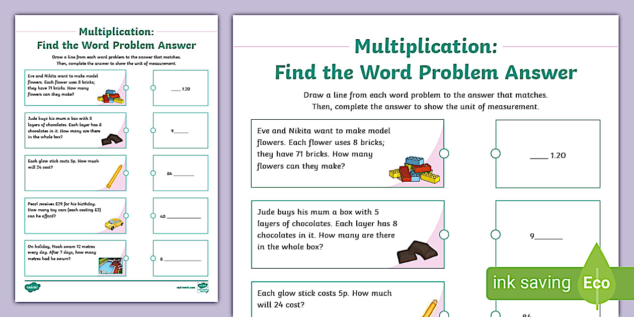👉 Find the Word Problem Answer Multiplication Worksheet