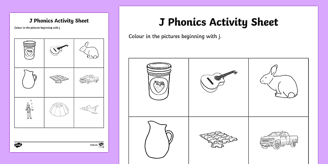 j Words phonics colouring worksheet- easy to print.