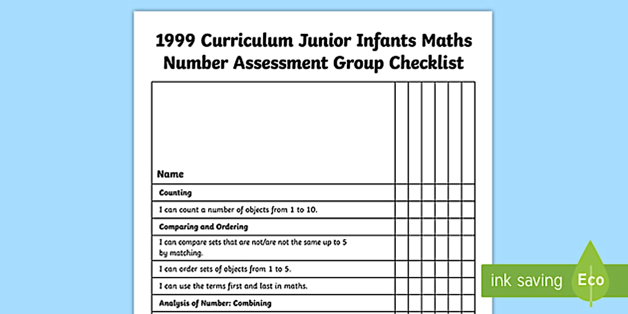 Editable 1999 Curriculum Junior Infants Maths Number Assessment Group