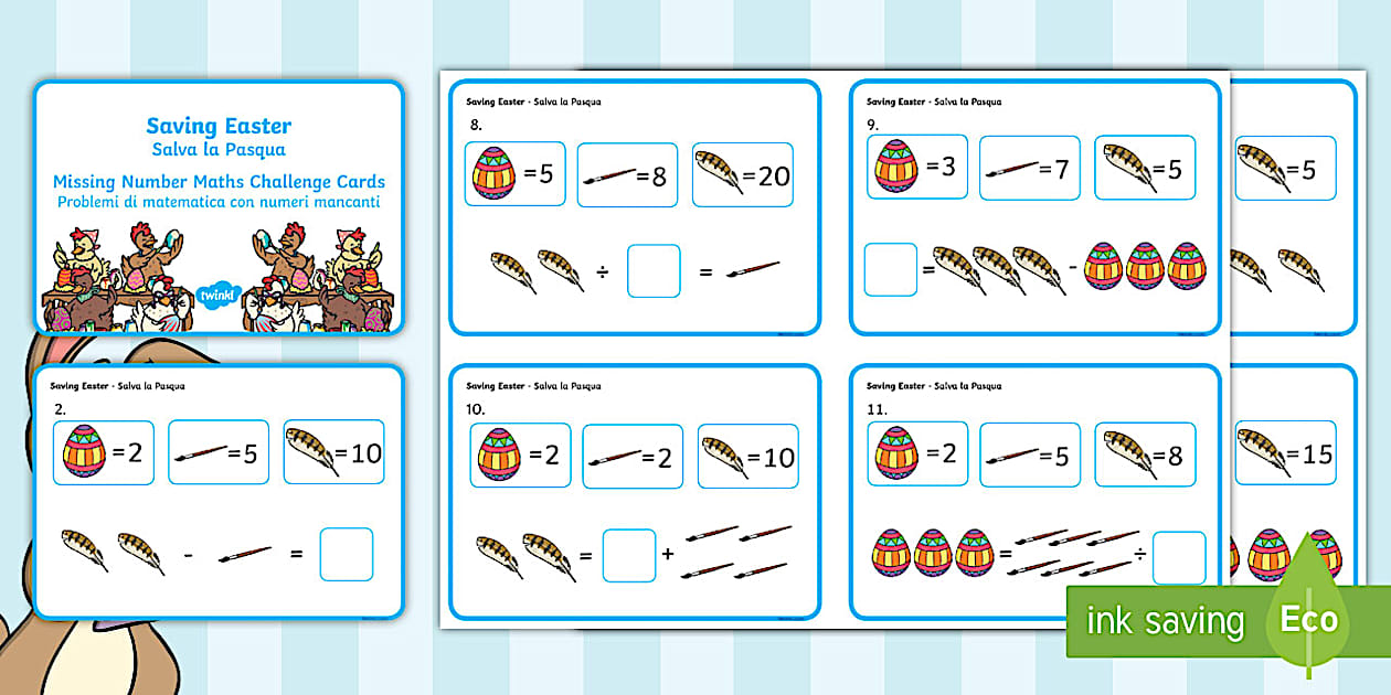 Saving Easter Missing Number Maths Challenge Cards English/Italian