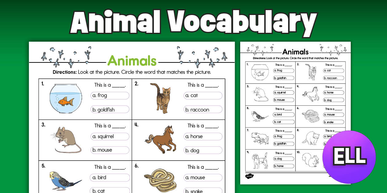 Animal Vocabulary for ELL | Picture and Word Worksheet