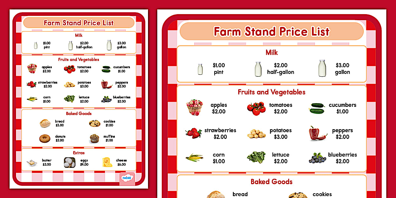 Farm Stand Dramatic Play Price List Sign - Twinkl