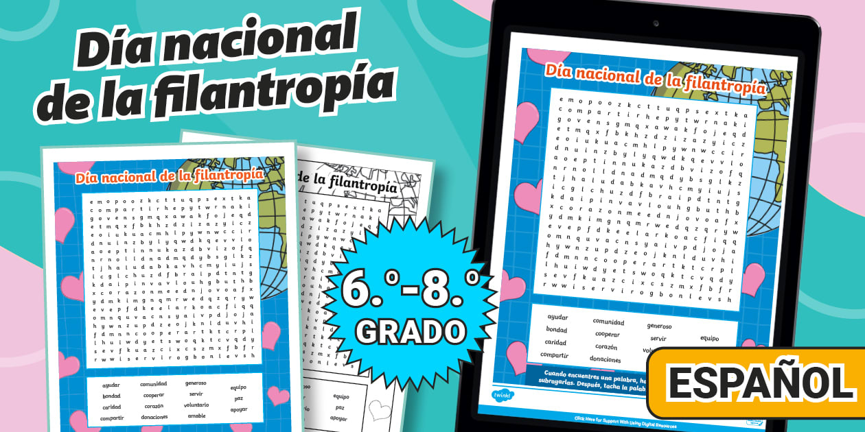 Sopa de letras: Día nacional de la filantropía - Twinkl