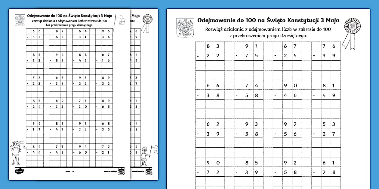 Dodawanie I Odejmowanie Do 100 Karty Pracy - Odejmowanie do 100 | Święto Konstytucji 3 Maja | Karta pracy