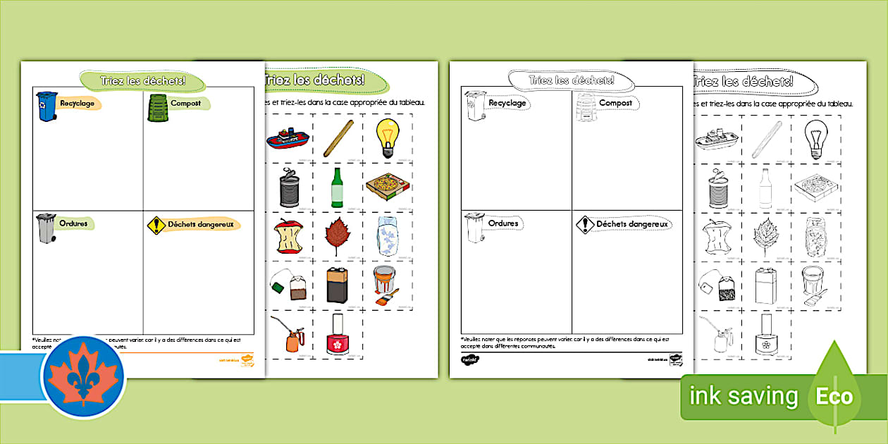 Recycling Sorting French Worksheet - Twinkl CA