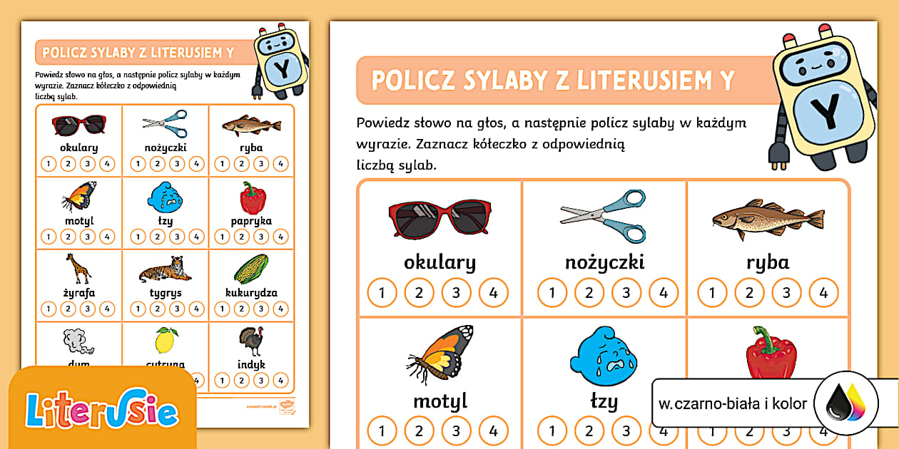 Literuś Y | Policz sylaby w wyrazach na Y | Karta pracy