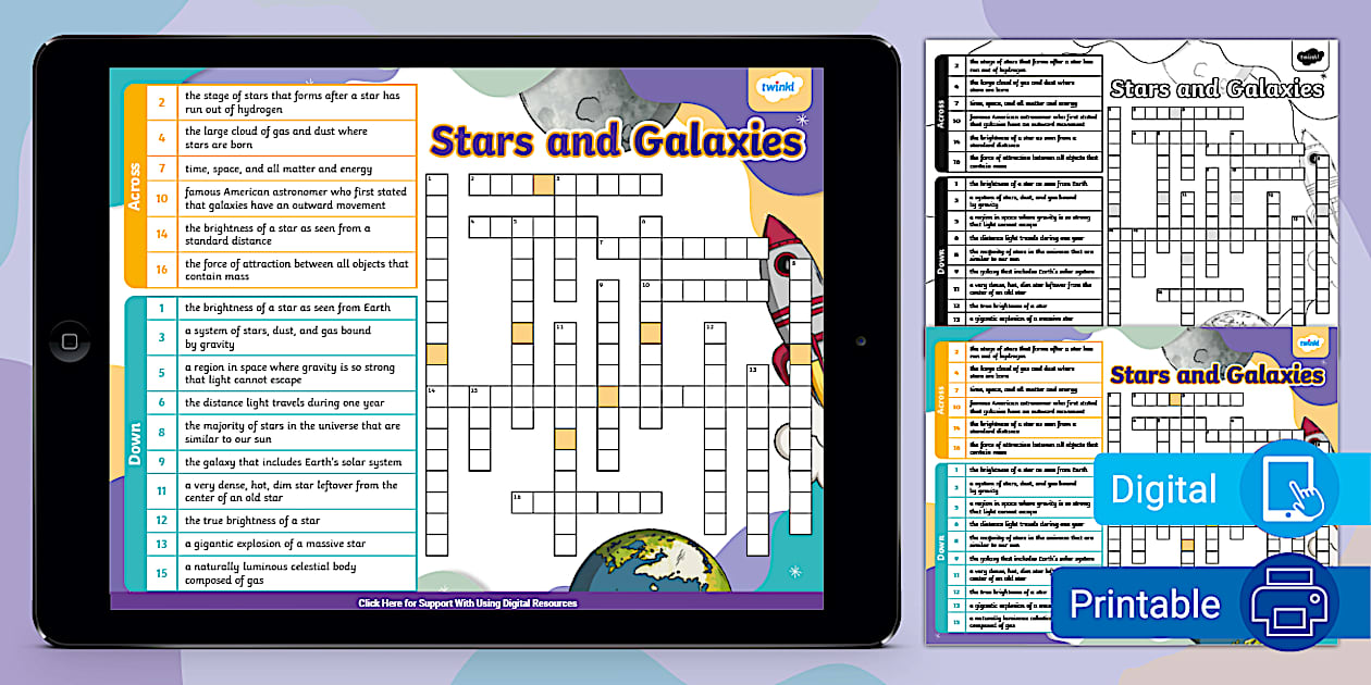 Stars and Galaxies Crossword for 6th 8th Grade Twinkl