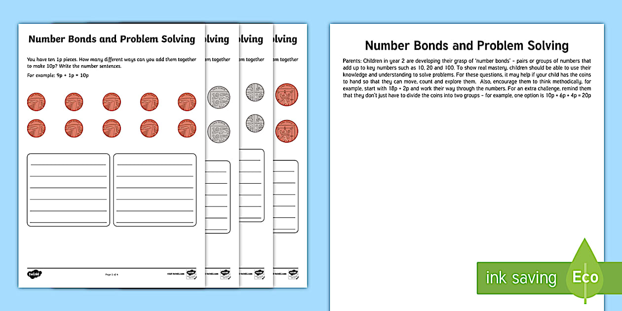 Black and White Year 2 Maths Number Bonds and Problem Solving Homework