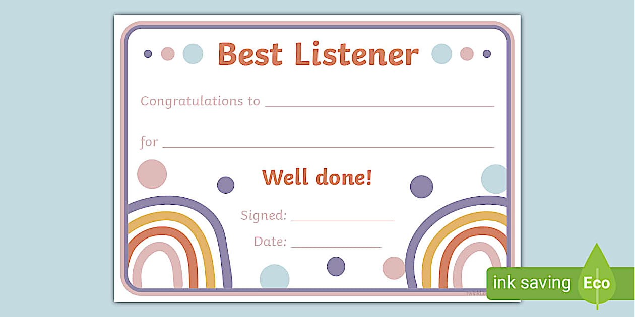 Muted Rainbow Themed Best Listener Certificate Twinkl