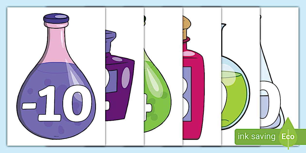 Science lab bottles number line 10 to 10 display cut outs