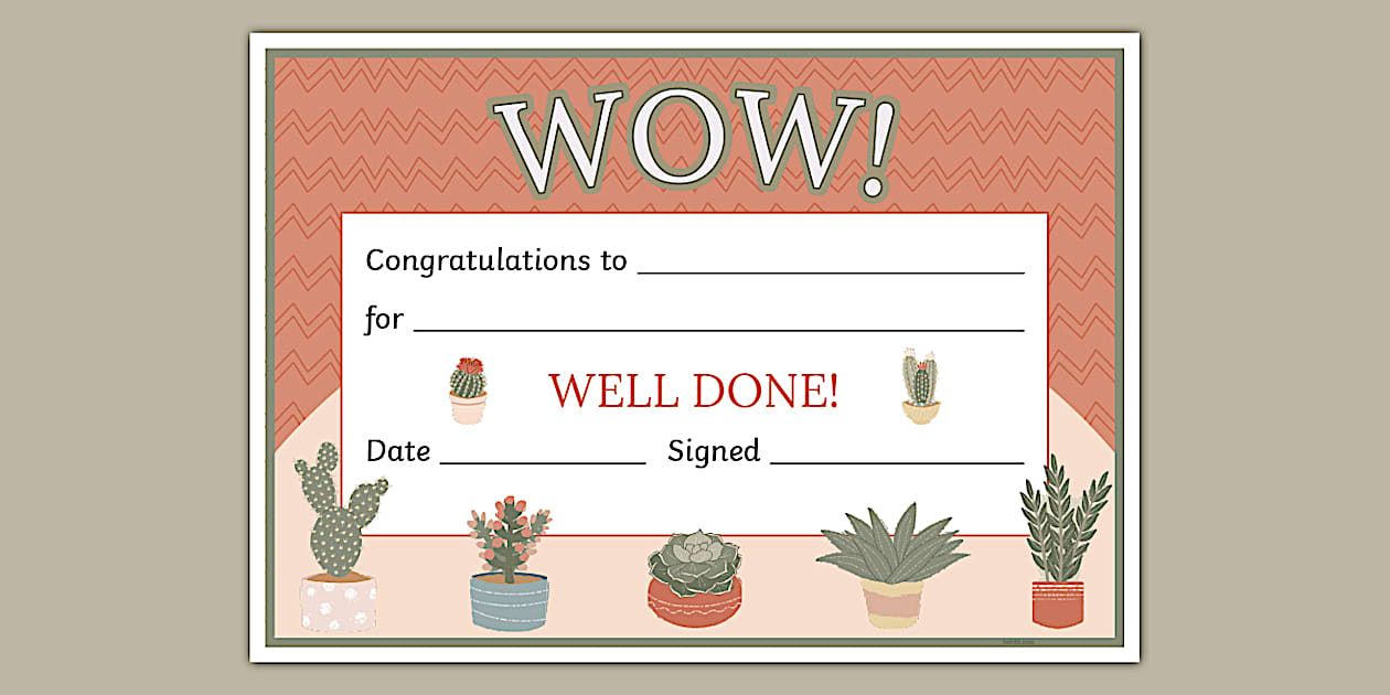Succulents Themed Wow Certificate (Teacher Made) Twinkl