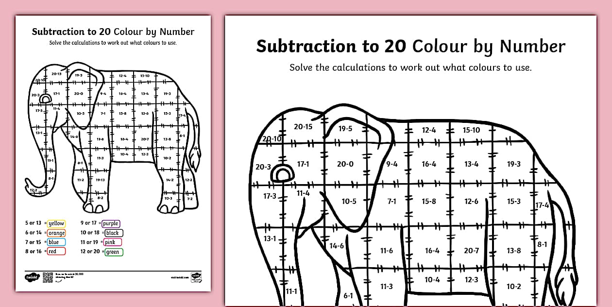 Colour By Subtraction to 20 Worksheet Maths F 2 Twinkl