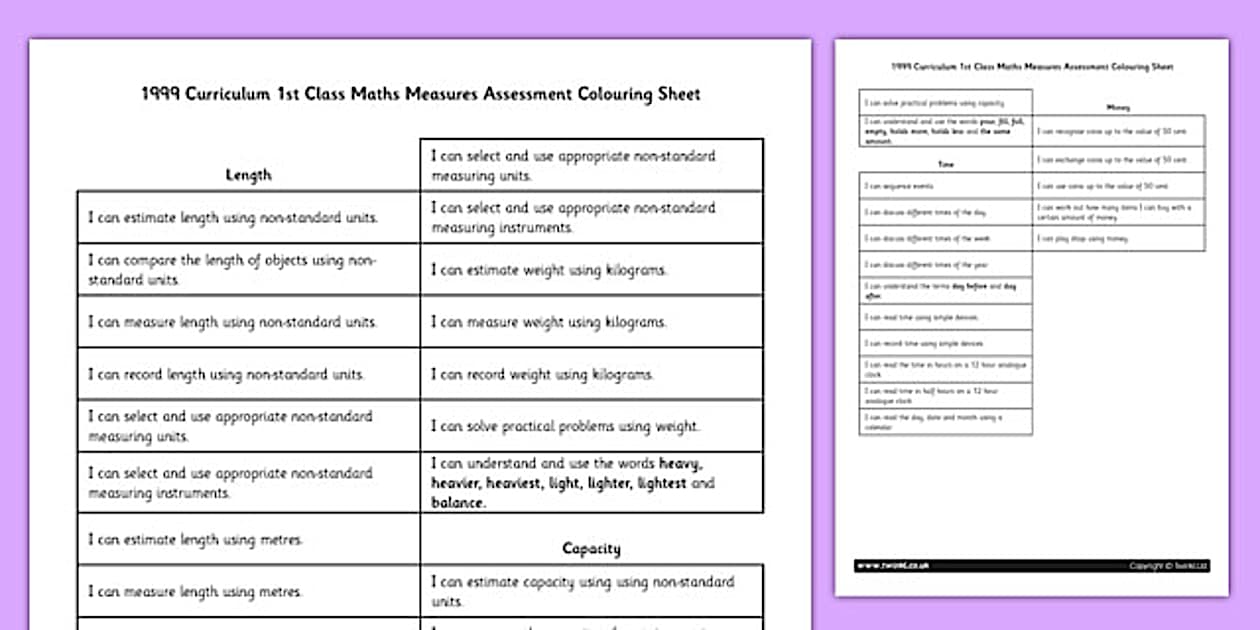 1999 Curriculum 1st Class Maths Measures Assessment Targets Colouring Sheet
