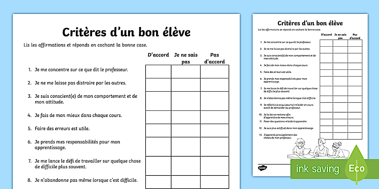 Feuille d'activités : Critères d'un bon élève - Twinkl