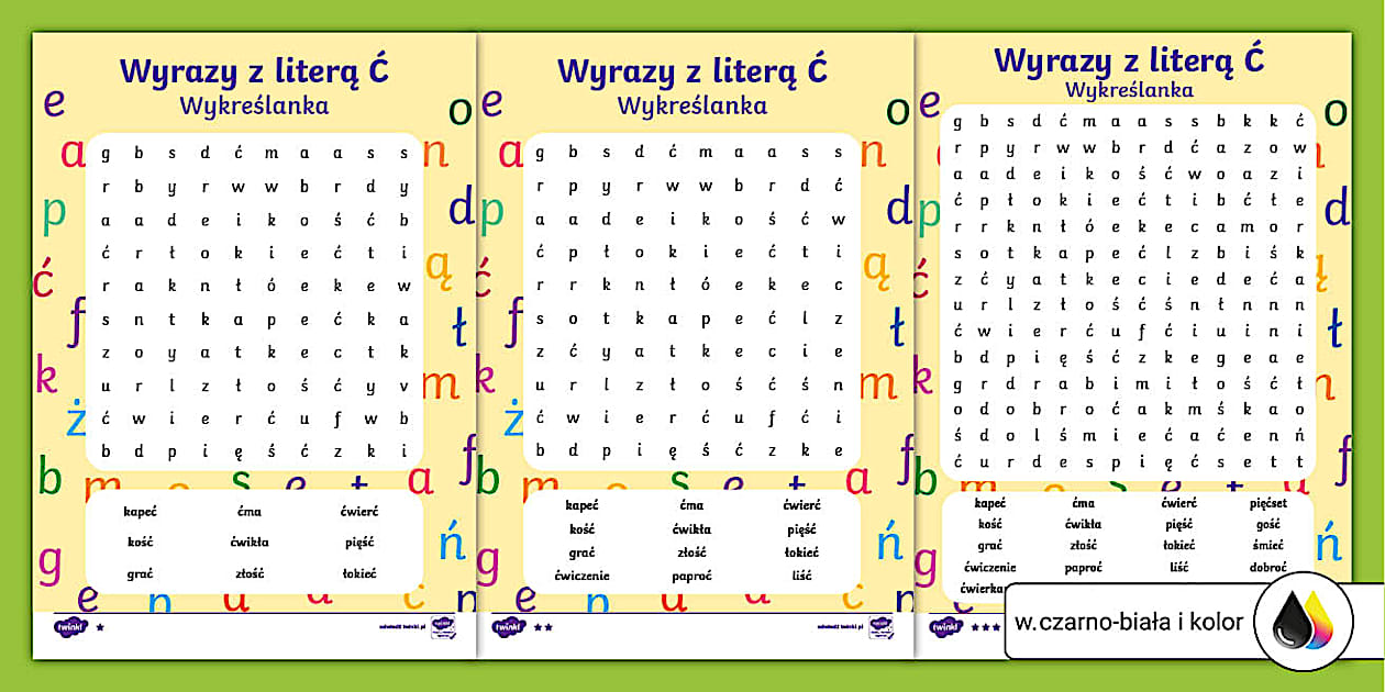 Wyrazy z literą Ć | Wykreślanka | Litery i alfabet