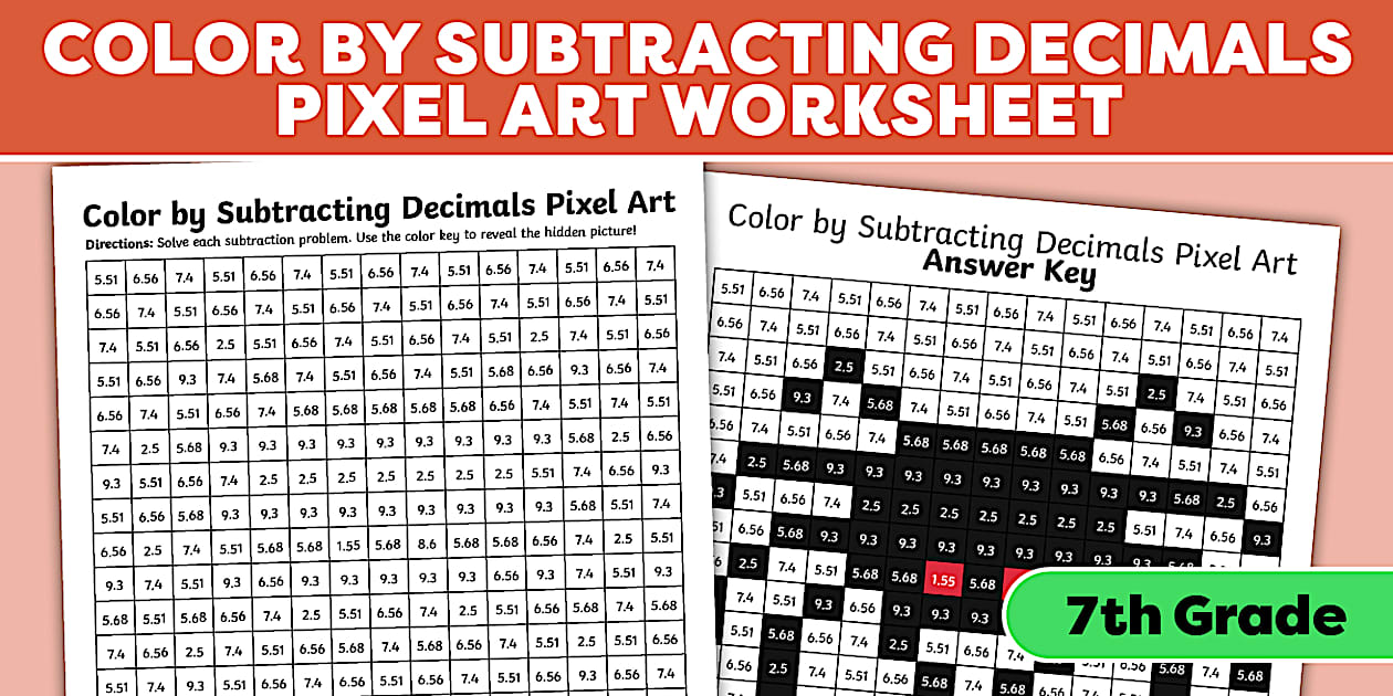 Seventh Grade Math Color by Subtracting Decimals Spider Printable Pixel Art