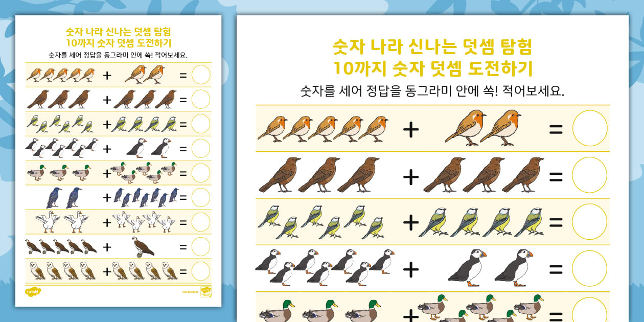 유아 수학 덧셈 활동지 ⅼ 10까지 재미있는 덧셈 연습 (새편) ⅼ Addition to 10 Worksheet (Birds)