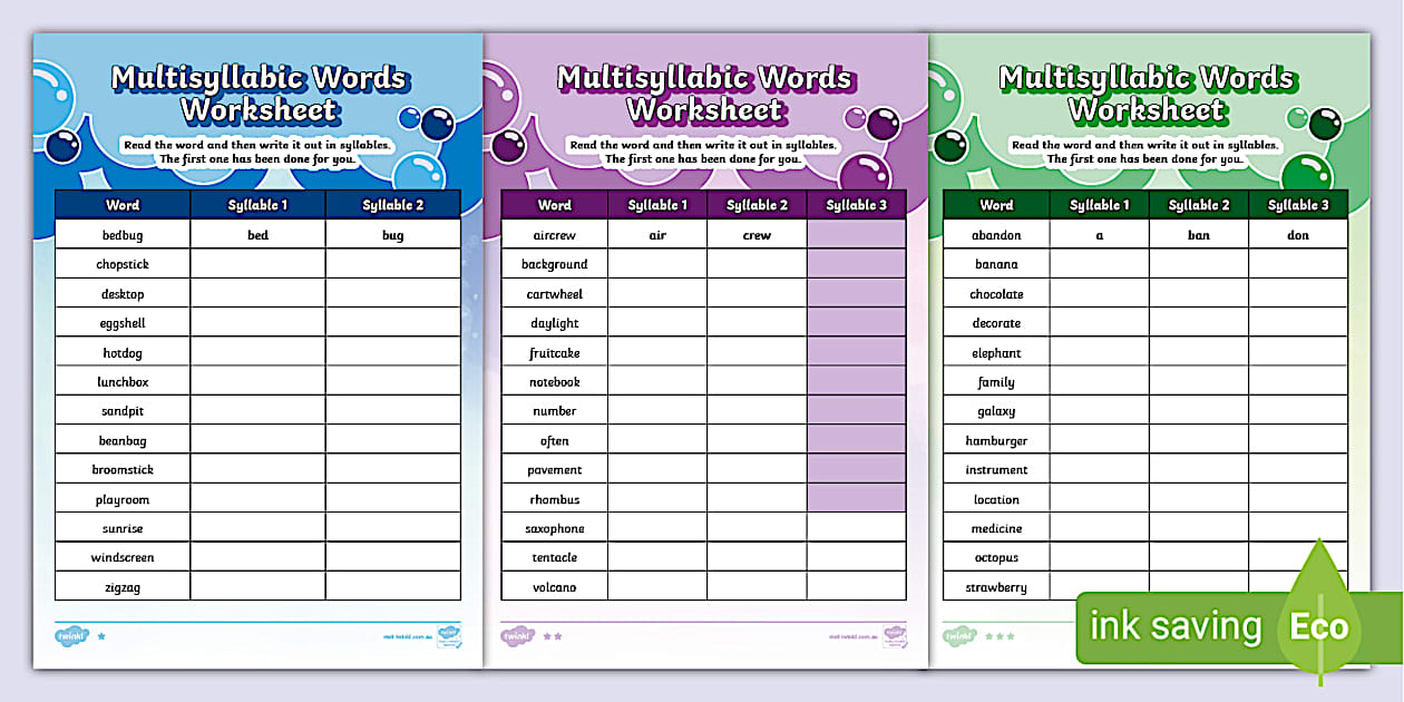 Multisyllabic Words Worksheet (Differentiated) Twinkl