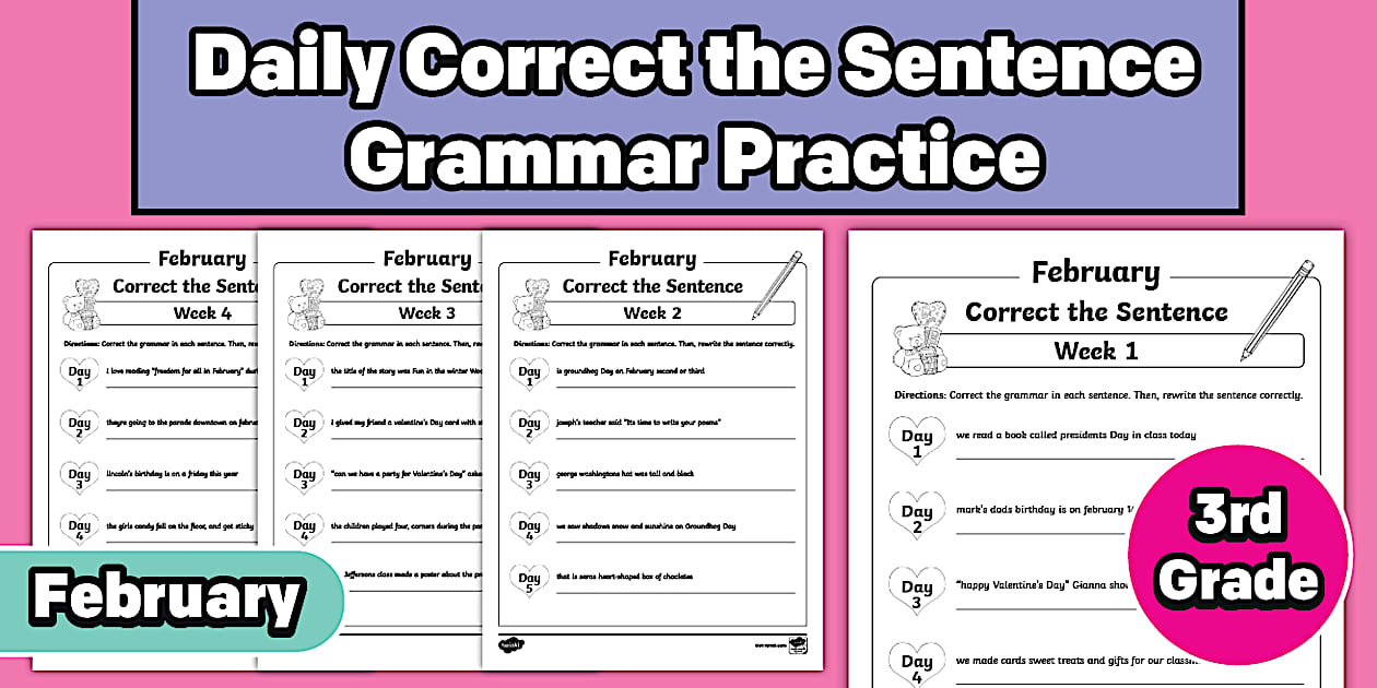 Third Grade February Daily Correct the Sentence Grammar