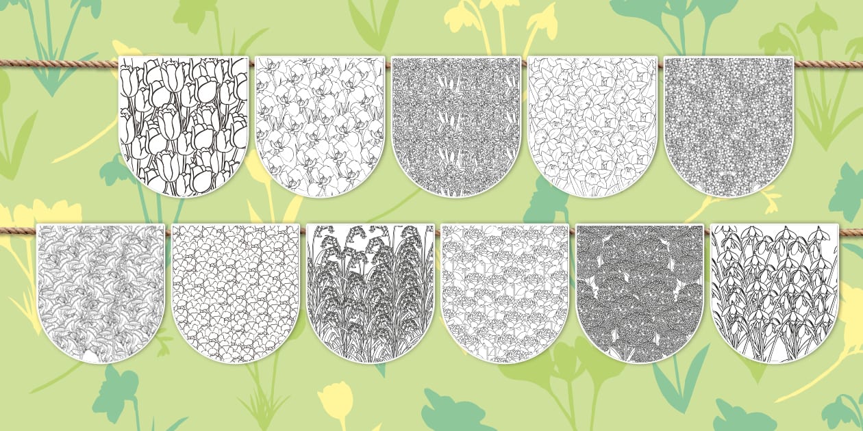 * NEW * Spring Flowers Colouring Display Bunting - Twinkl