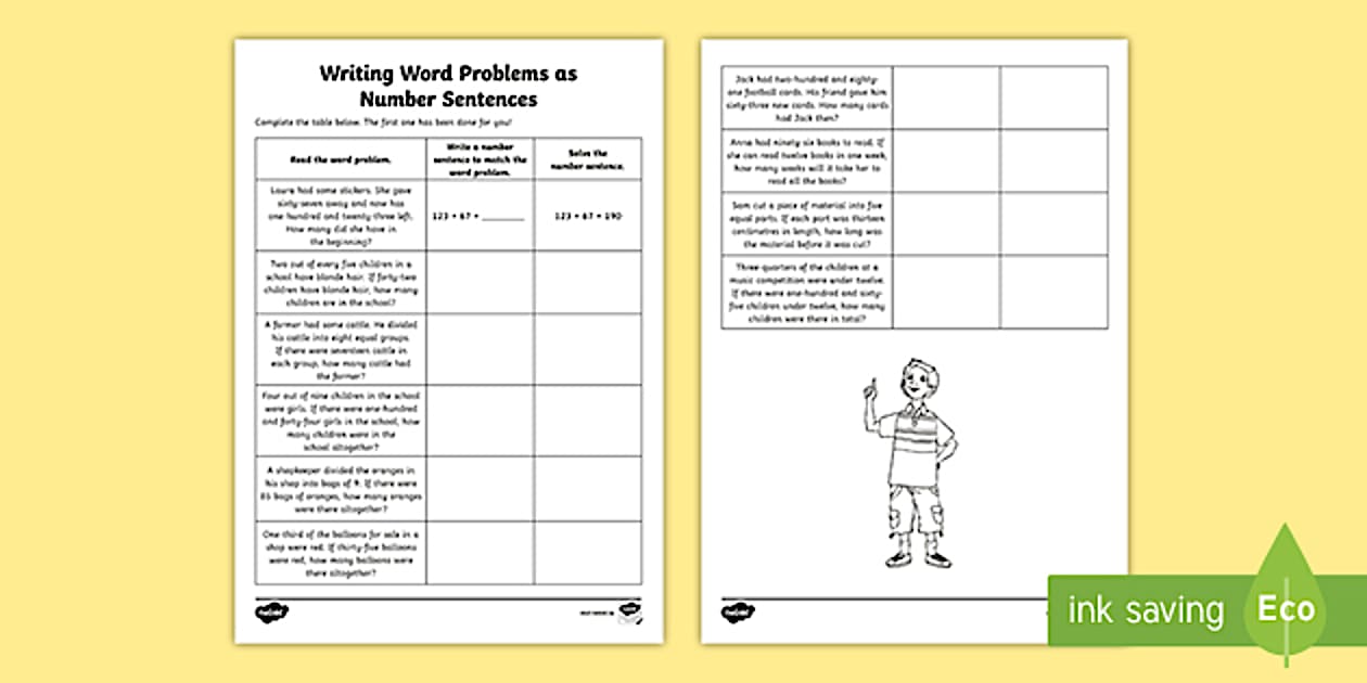 Write Word Problems Sample Number Sentence Problems - Maths Resources (teacher made)
