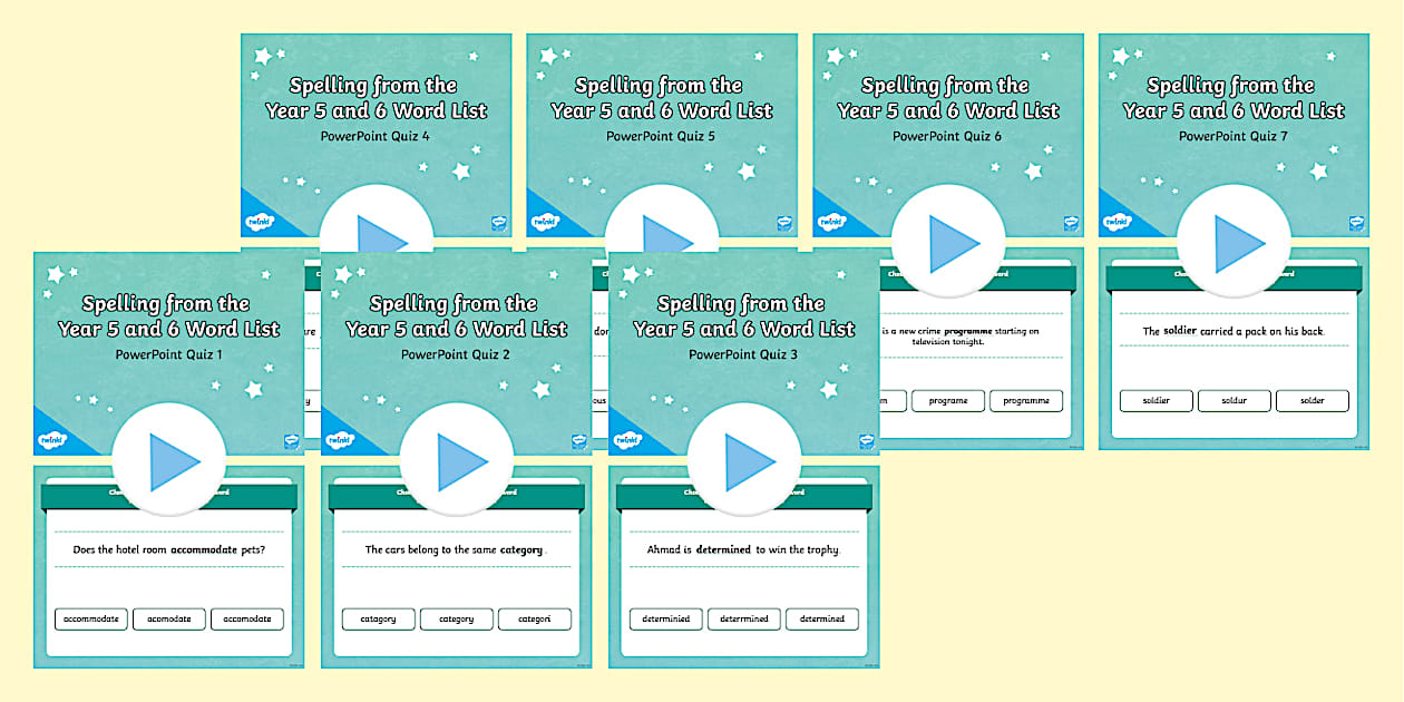 Spelling from the year 5 and 6 word list powerpoint quiz bumper pack