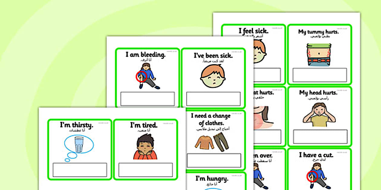 EAL Emergencies Editable Cards with English Arabic Translation