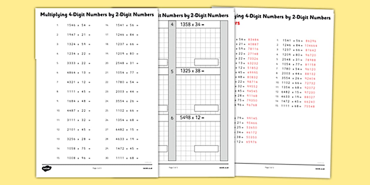 Editable Multiplying 4 Digit Numbers by 2 Digit Numbers Worksheet Pack
