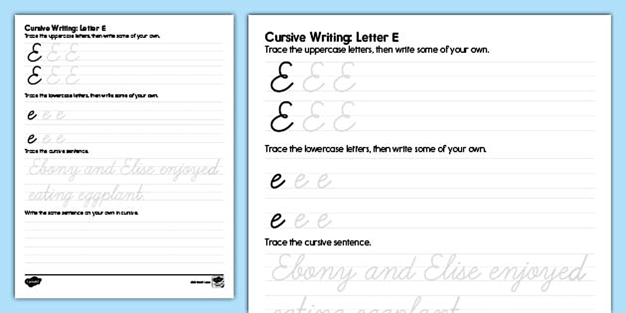 Cursive Letter Writing: Letter E Activity Worksheet - Twinkl
