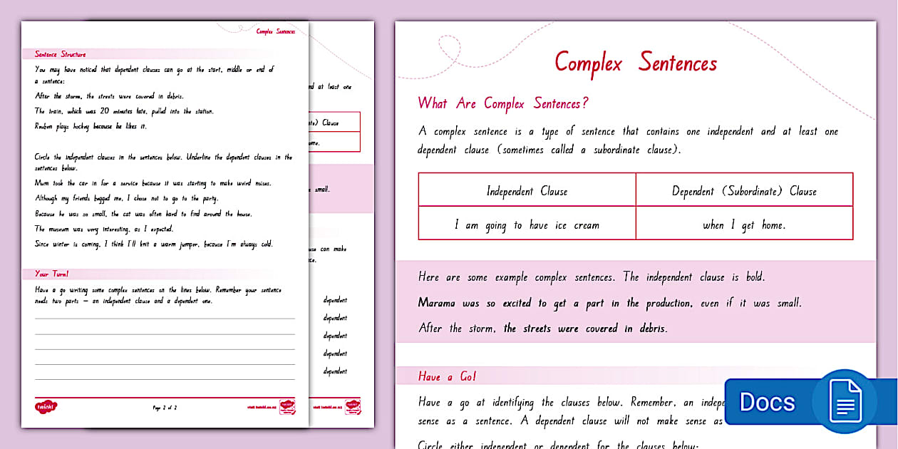 Complex Sentences Worksheet (teacher made) - Twinkl