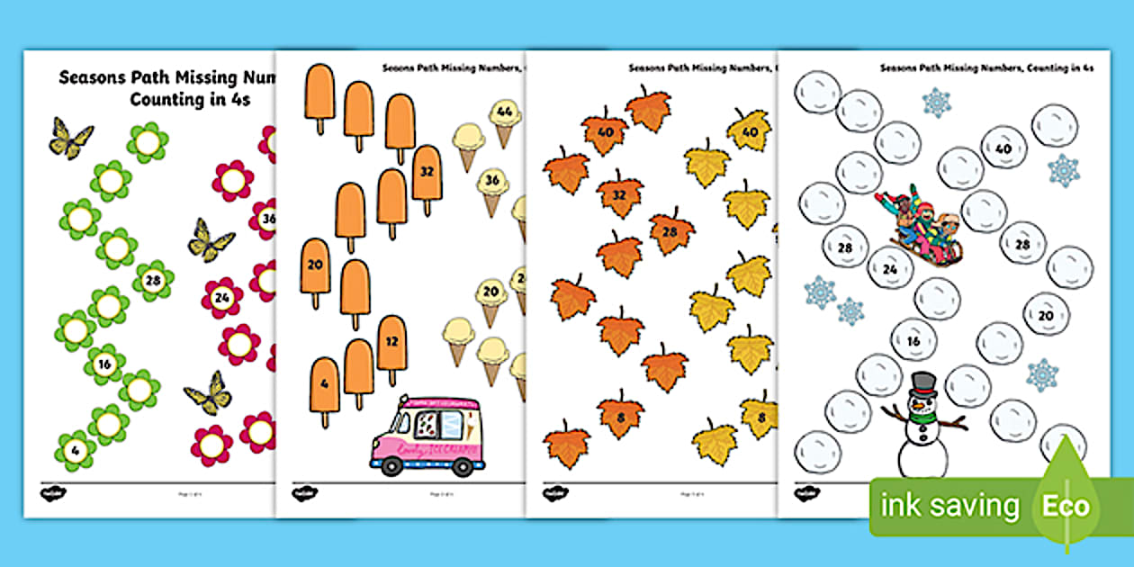 Black and White Seasons Path Missing Numbers Counting in 4s Worksheet