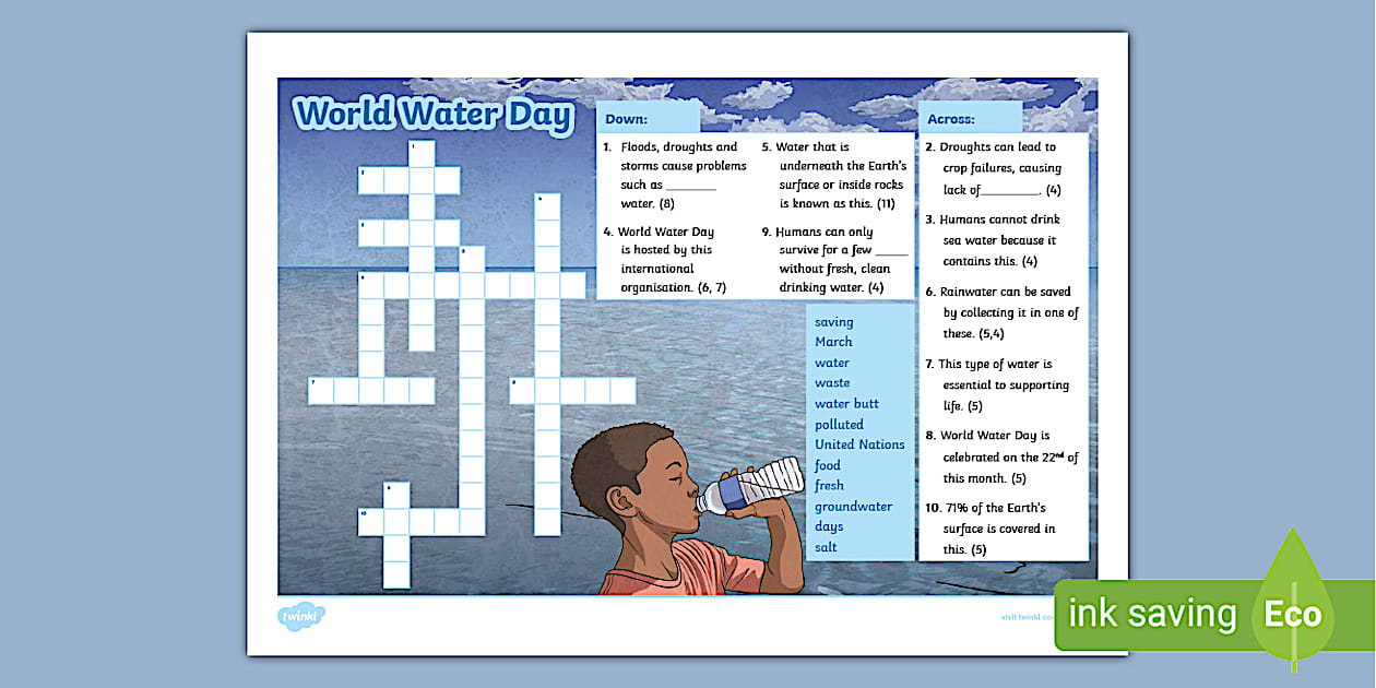 Water Crossword Puzzle World Water Day KS2